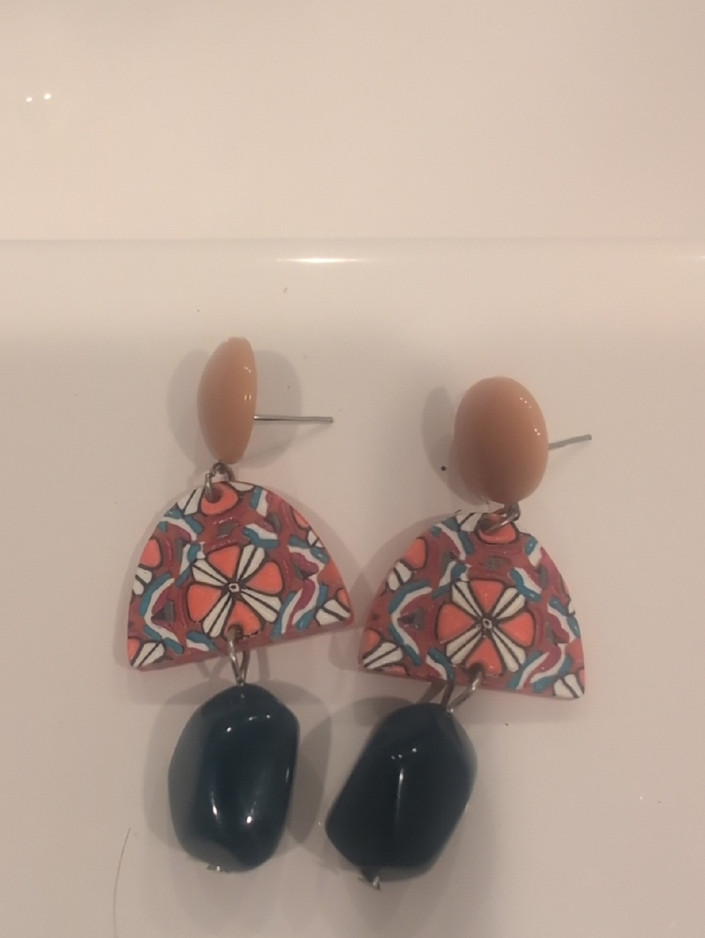 Multicolor Floral Statement Drop Earrings - Peach, Coral & Teal